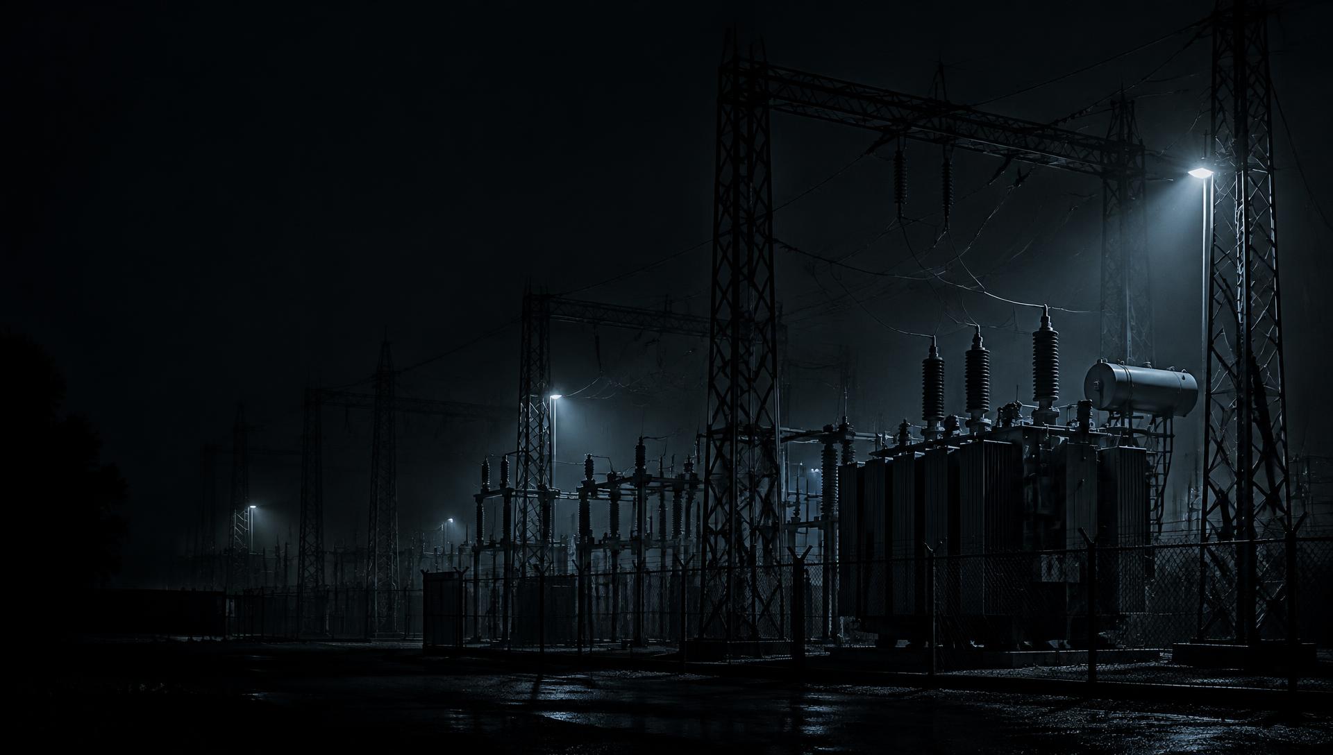 High-voltage substation at night